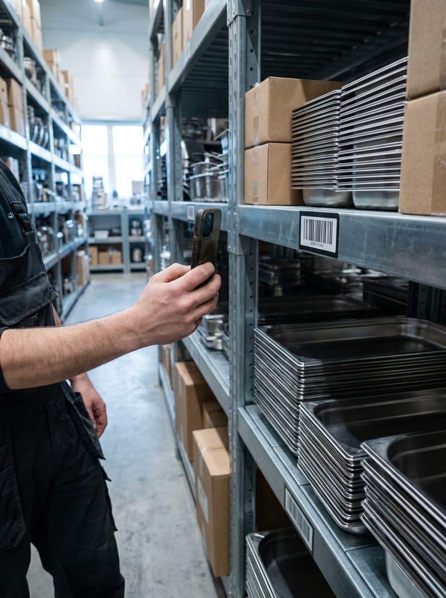 Hand scannt mit dem Handy den Barcode am Regal mit gestapelten GN-Behältern