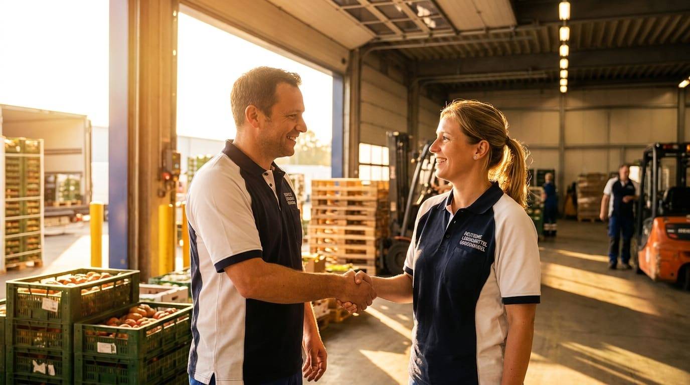 Zwei Mitarbeiter im Gespräch in der Kommissionierhalle