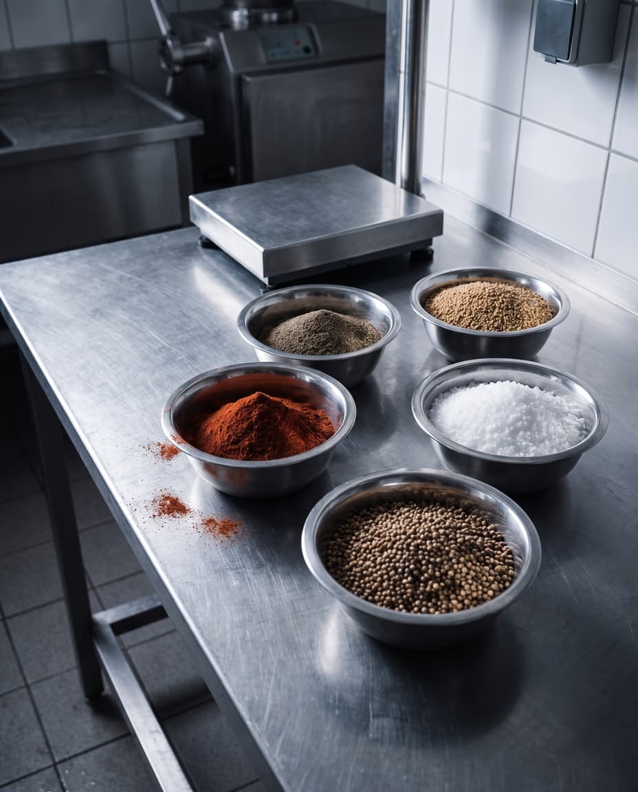 Paprika, Pfeffer, Senfsaat, Salz und Koriander in Edelstahlschalen auf dem Arbeitstisch