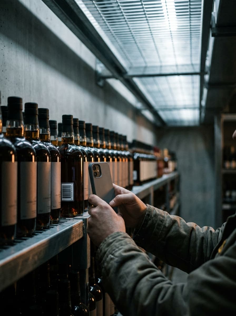 Hand scannt den Barcode einer Flasche im Lagerregal mit dem Handy