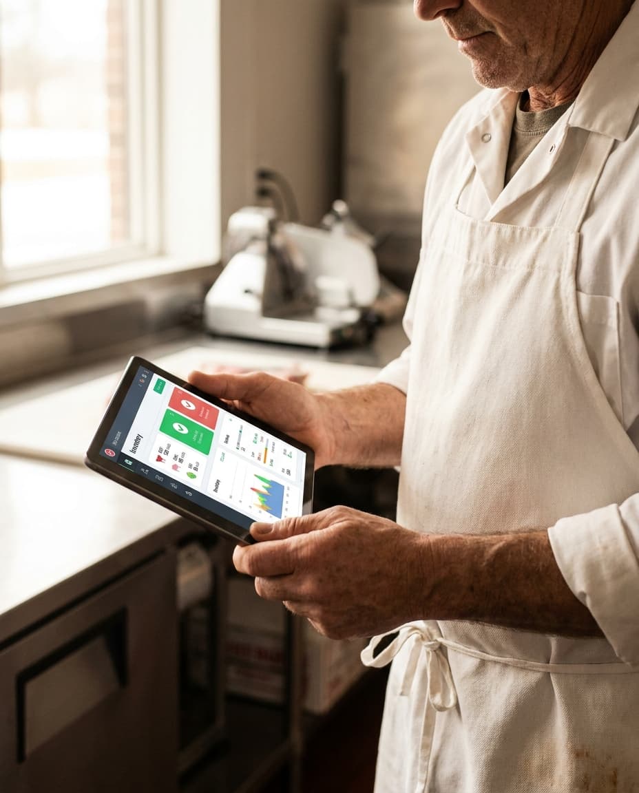 Sortiment und Preise am Tablet, mitten im Betrieb