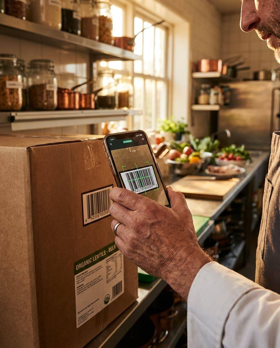 Barcode auf einem Karton wird mit dem Smartphone gescannt und landet im Warenkorb